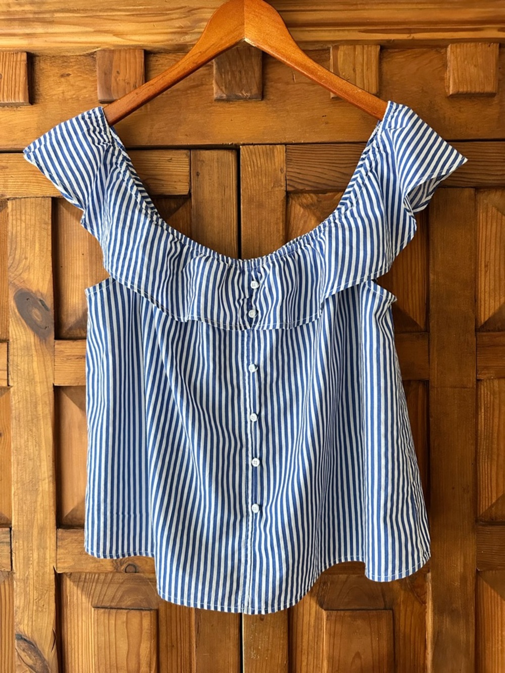 Live 4 Truth Blue and White Striped Off-Shoulder Ruffle Button-Front Top